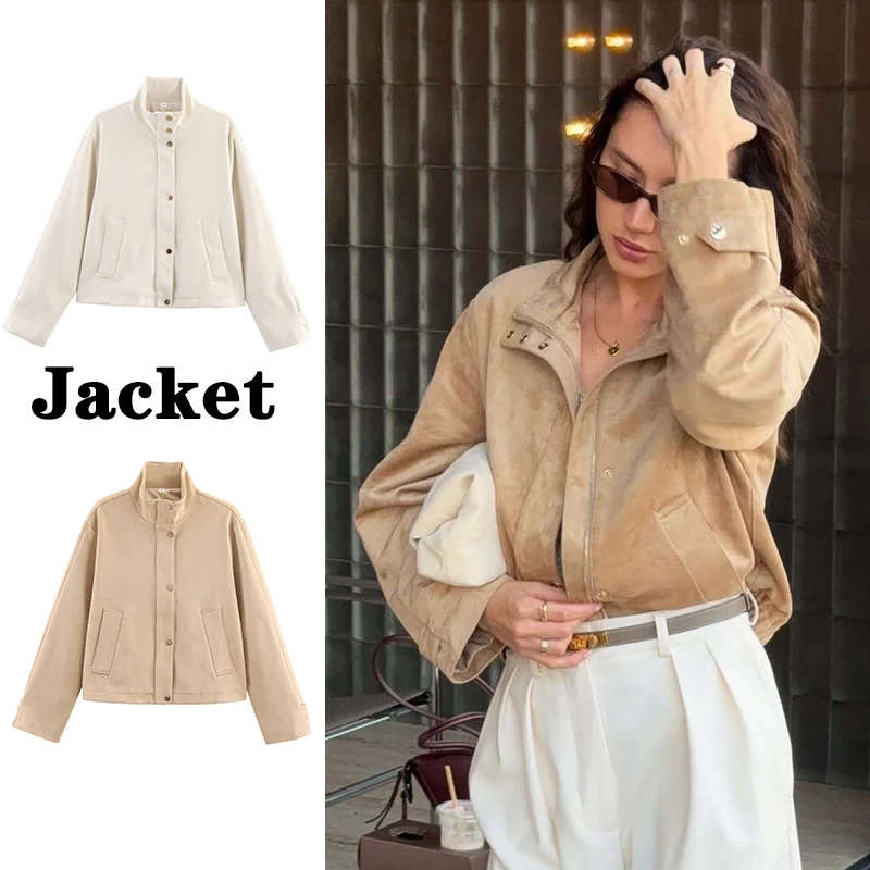 

Women's Autumn Suede Jacket 2025 Fashion Long Sleeve Zipper Laple Short Coats Women Casual Loose New Outerwears