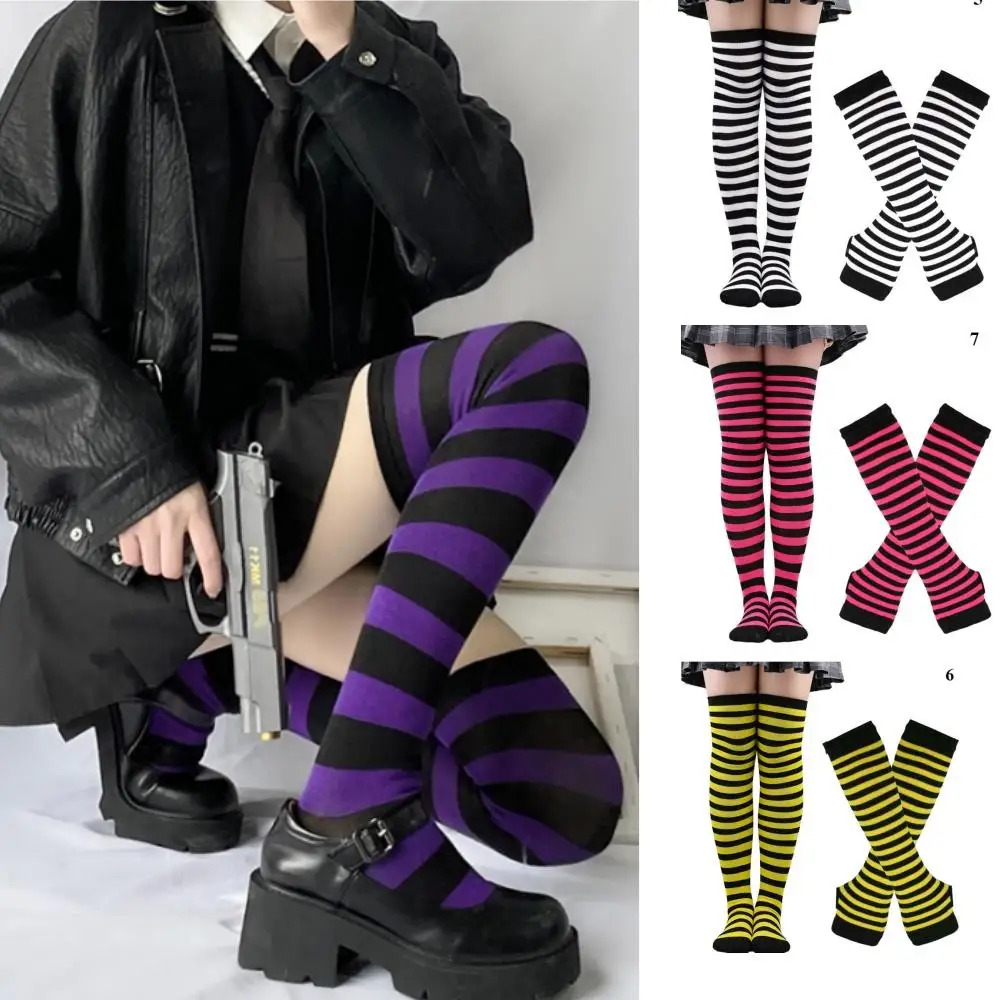 Y2K Punk Women Girls Over Knee Socks 2Pairs/Set Arm Sleeve Gloves Plus Size Socks Long Stripe Thigh High Cotton Socks 2024 New