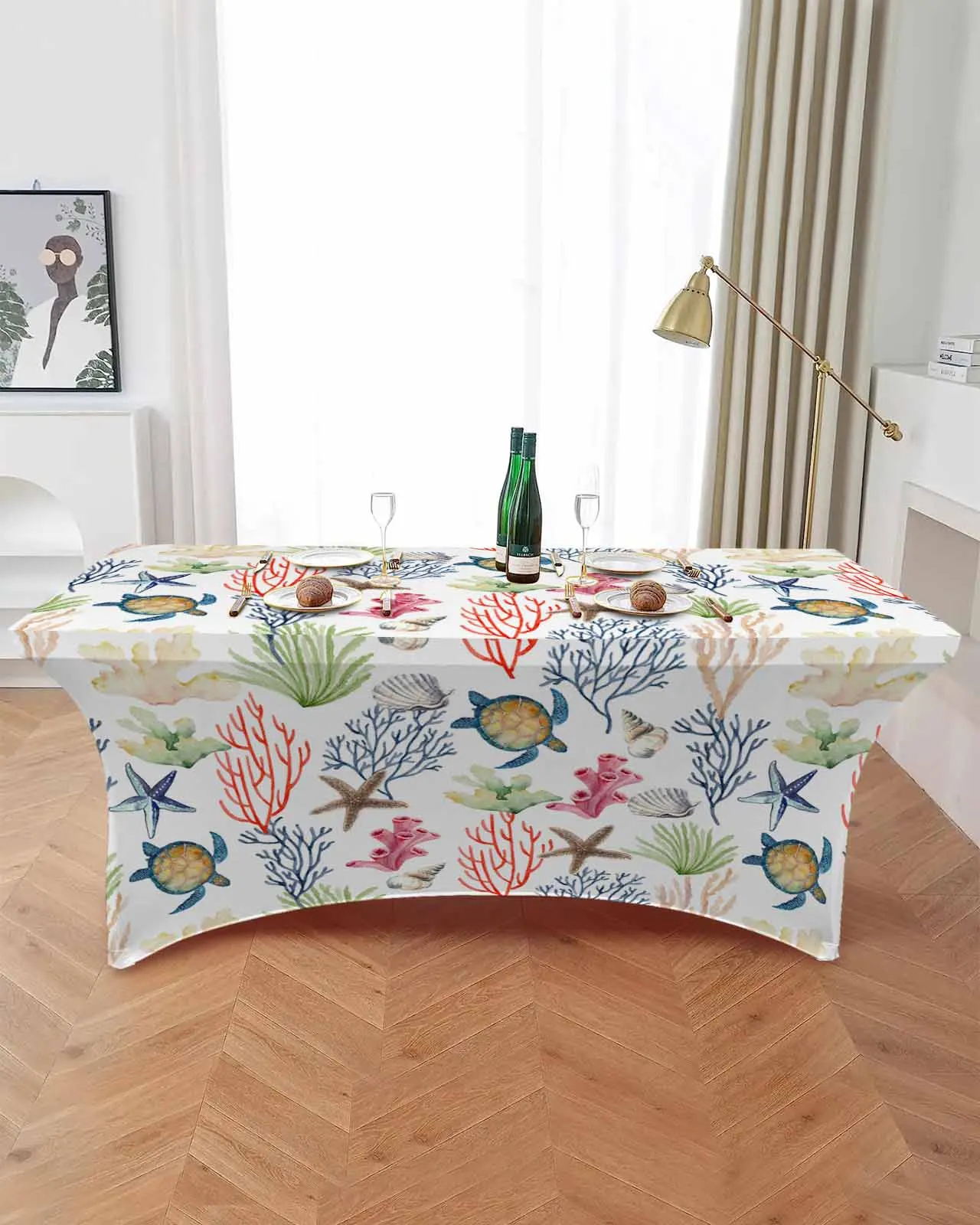 Marine Coral Shell Starfish Sea Turtle Elastic Table Skirt Wedding Birthday Table Decoration Table Skirt Tablecloth for Party