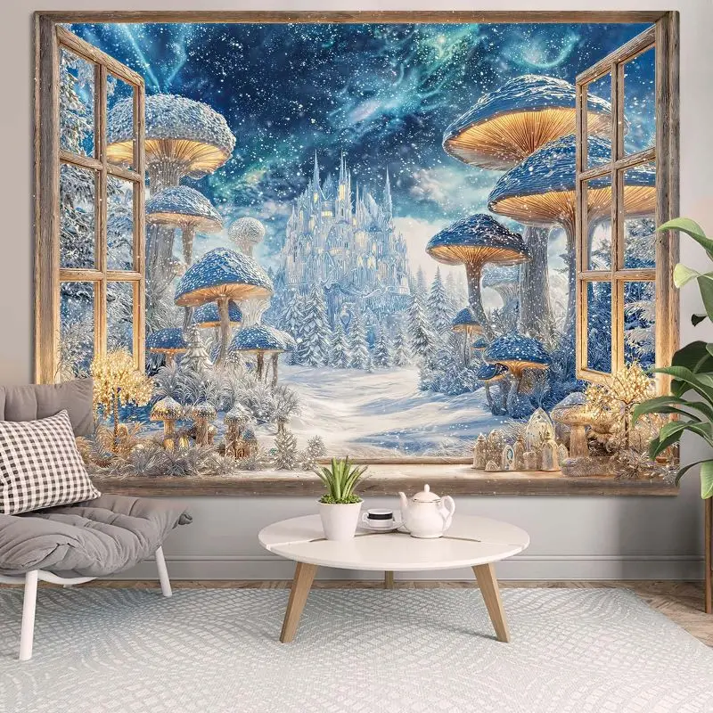 Tapestry Custom Tapestry for Bedroom 3D False Window Forest Castle Tapestry, Fantasy Landscape Wall Hanging, Home Wall Decor for