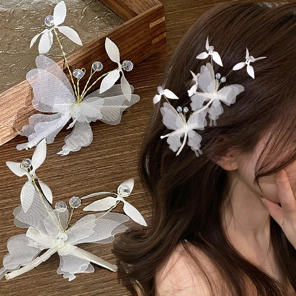 Pinzas para el pelo de mariposa elegante para mujer, horquilla pequeña de alas de encaje blanco coreano, pasador de flequillo para niñas, accesorios