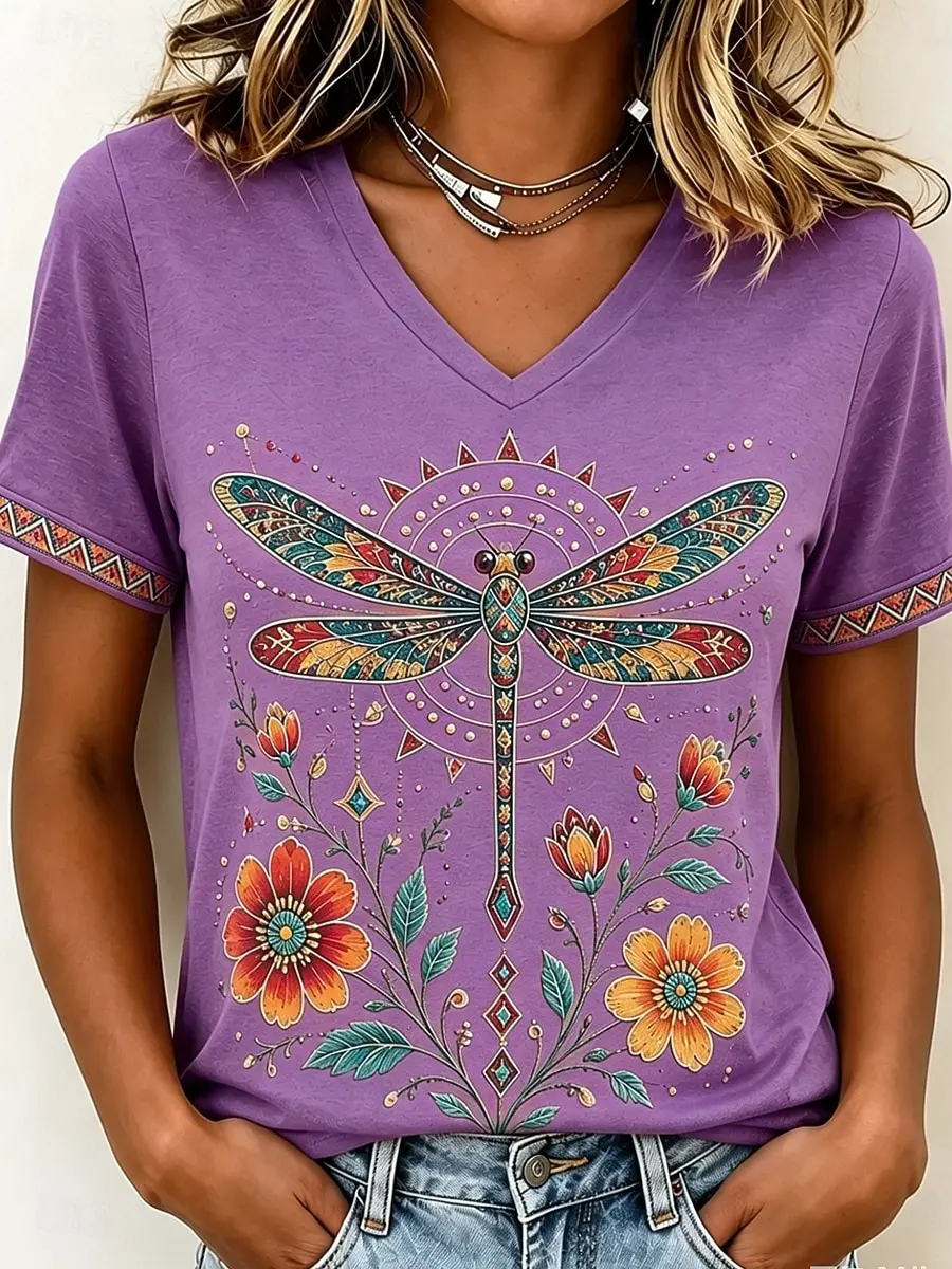 Women's Spring Summer 3D Printed V Neck T-Shirt, Orange Ethnic Colorful Dragonfly Floral Print Casual Holiday Daily Tee