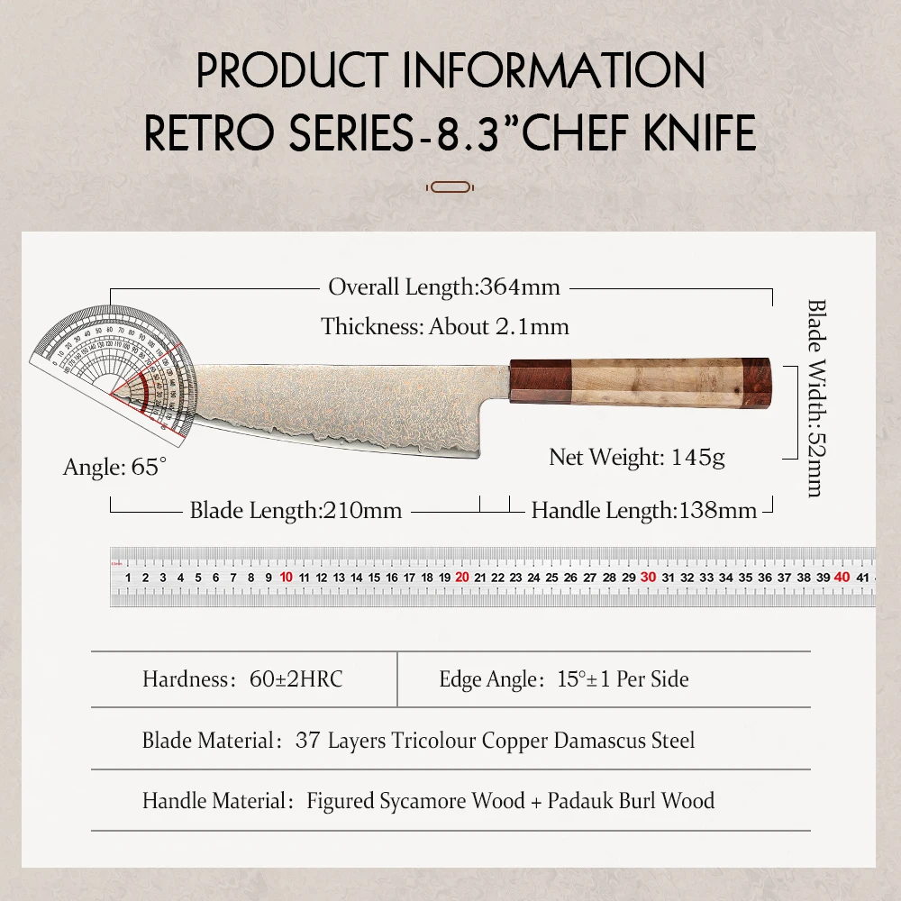 HEZHEN 8.3 Inches Chef’s Knife 37-layer Tri-color Copper Damascus Steel Cook Knife Sharp Kitchen Tools Chinese Slicing Knife