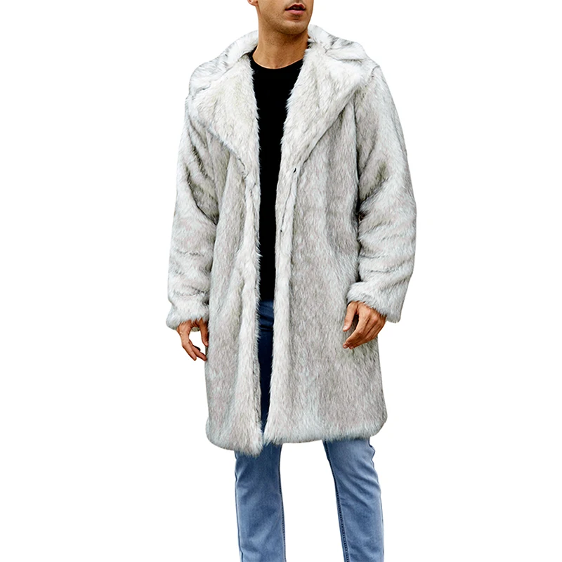 Men’s Winter Coat Long Sleeve Lapel Collar Button Closure Furry Faux Fur Long Coat Outwear