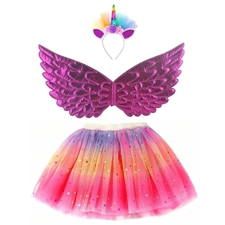 Fashion Girls Rainbow Mini Skirts Fairy Wings Unicorn Headband Glitter Dance Ballet Tutu Dress Up Set for Princess Party Costume