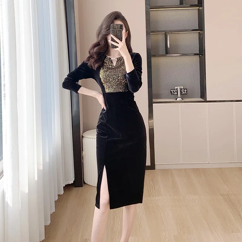 Elegant 2024 Autumn New Sequined Golden Black Velvet Slim Long Dress Formal Party Dress