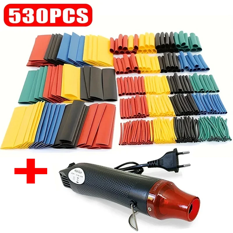 127-530pcs Heat Shrink Tube with 300W Hot Air Gun 2:1 Shrinkable Wire Shrinking Wrap Tubing Cable Connect Cover Protection DIY