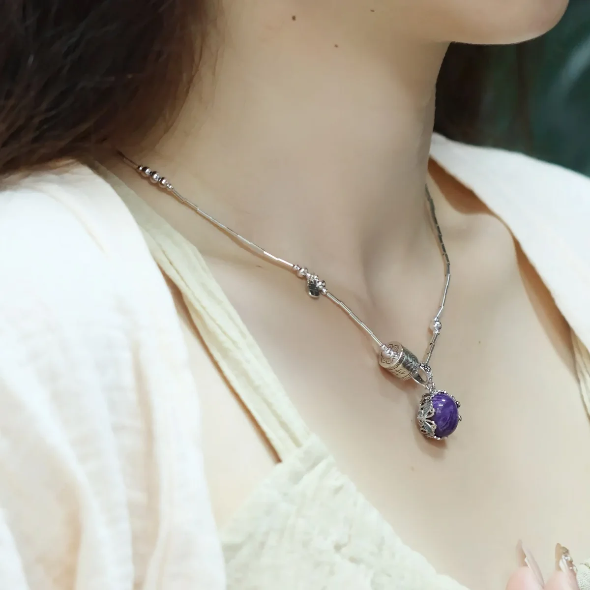 Traditional Chinese Style Auspicious Purple Oval Stone Pendant Necklace For Women Vintage Blessing Good Fortune Unique Elegant