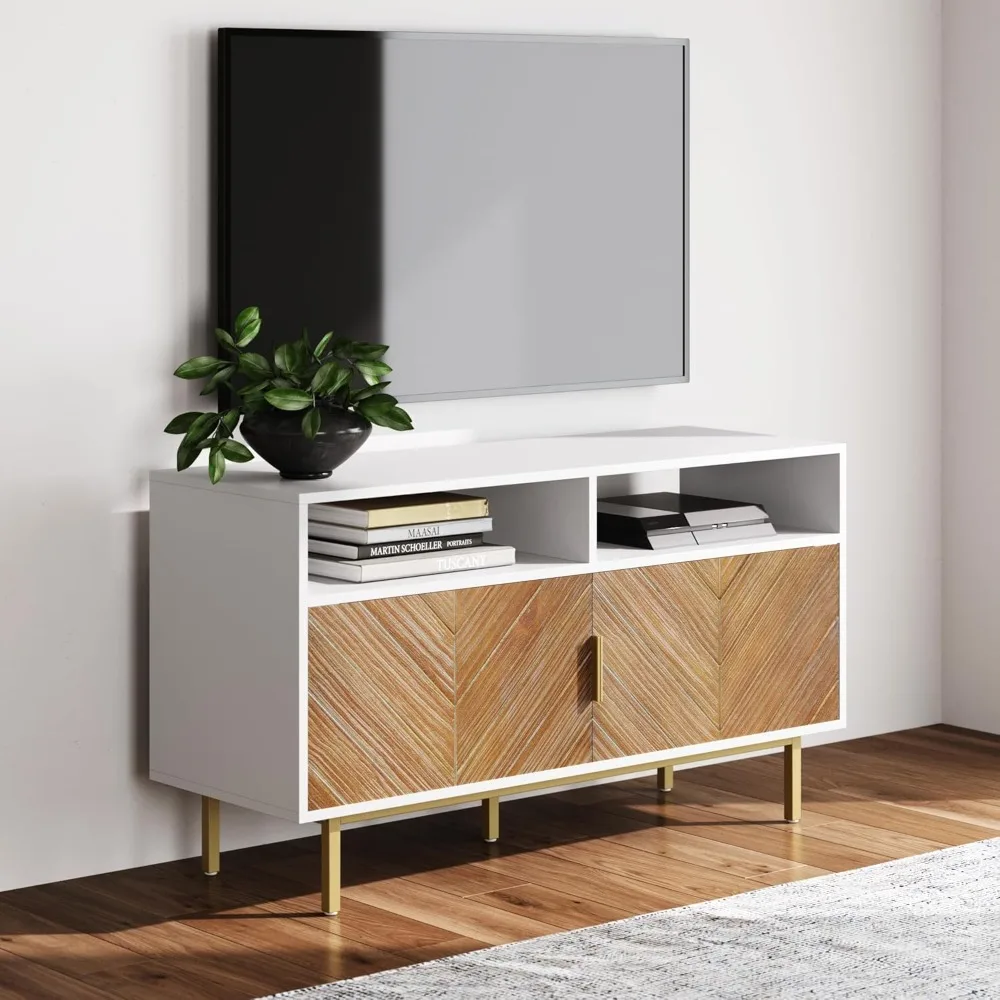 Izsak Media Console, TV Stand, Entertainment Cabinet with Herringbone Doors and Cubby Storage in a Fir Wood Finish