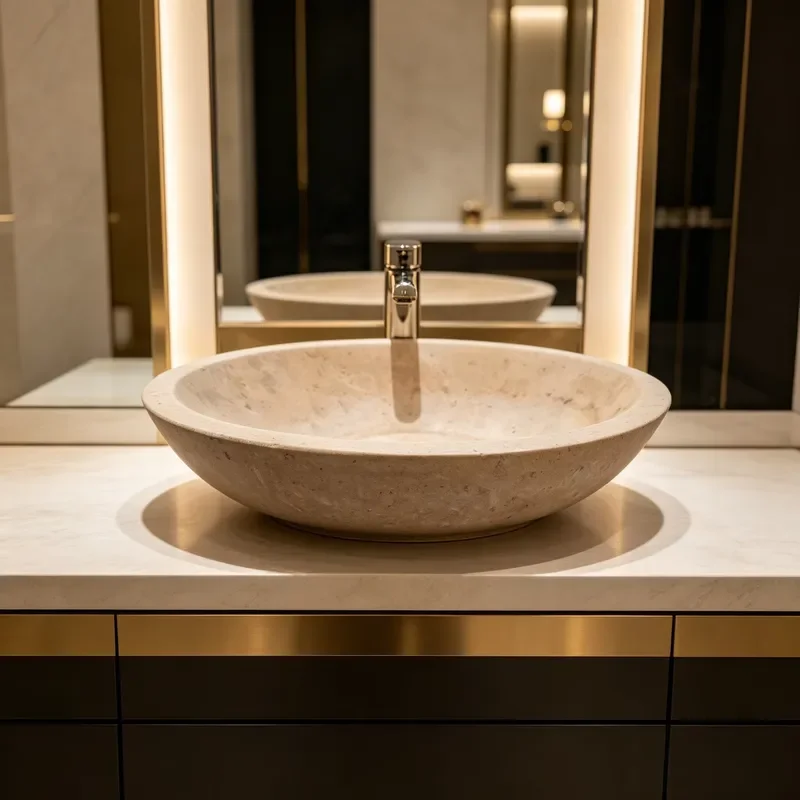 Round Beige Limestone Countertop Sink Marble Bathroom Wash Basin for Luxury Hotel Home Dresser Decoration Elegant Stone