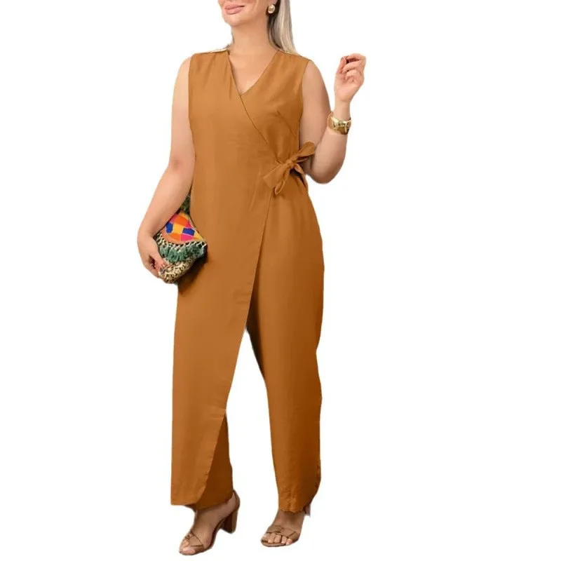 Summer Woman Jumpsuit V Neck Tie Waist Linen Romper Wide Leg Pants Solid Color Beige Overalls Sleeveless Mid Rise Orange