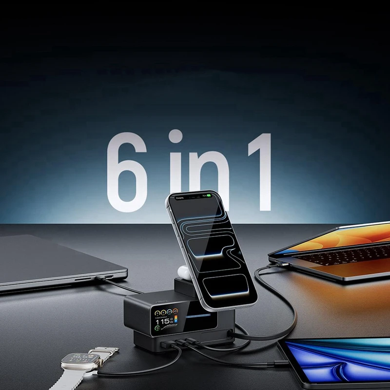 Charging Station Max 140W Wireless Charge Type-C Retractable Cable USB-A 6-in-1 Charger for   -Miuai】