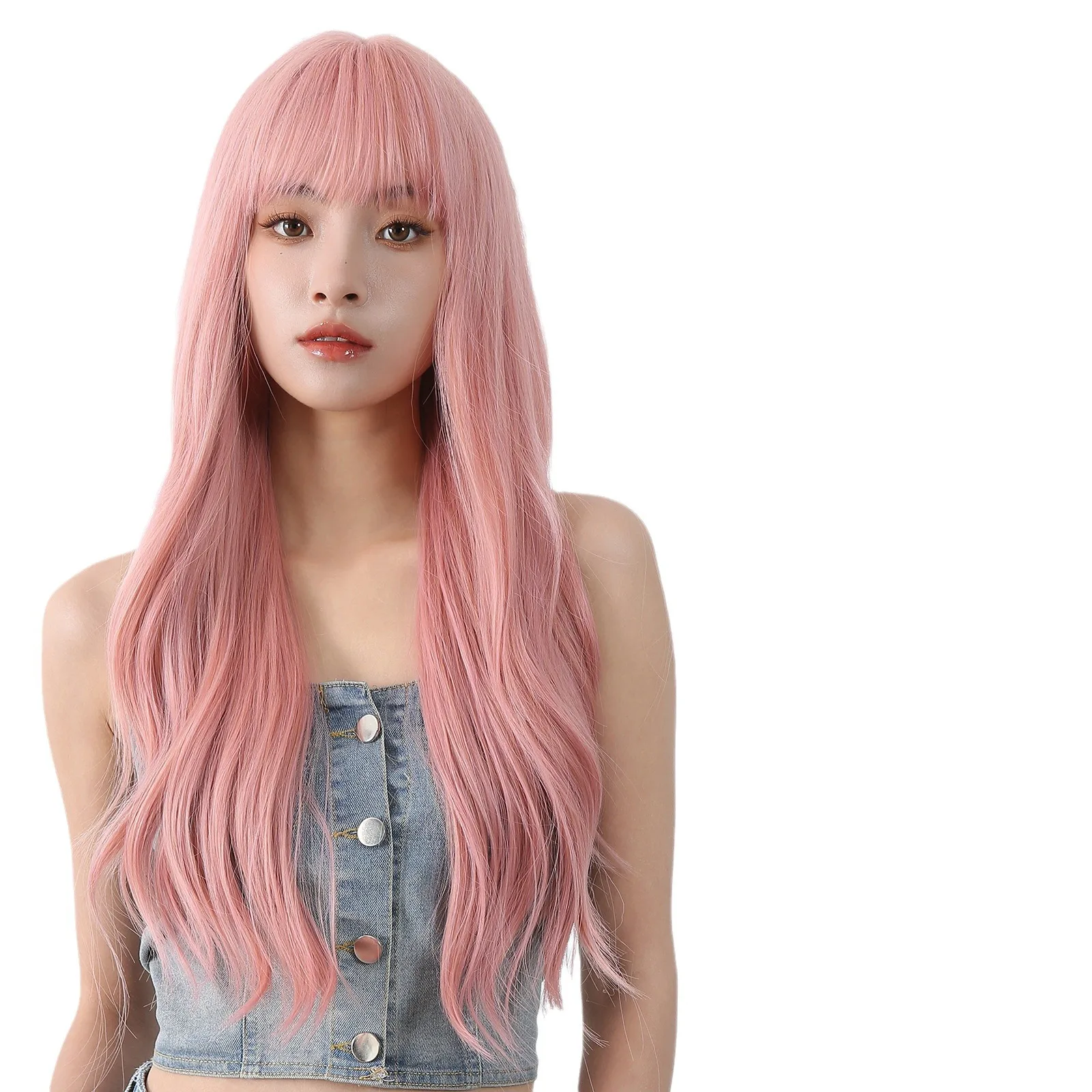 شعر مستعار نسائي طويل مجعد أبيض كوري عتيق وردي قذر شعر طويل مجعد موجة كبيرة غطاء محرك السيارة الكامل #4