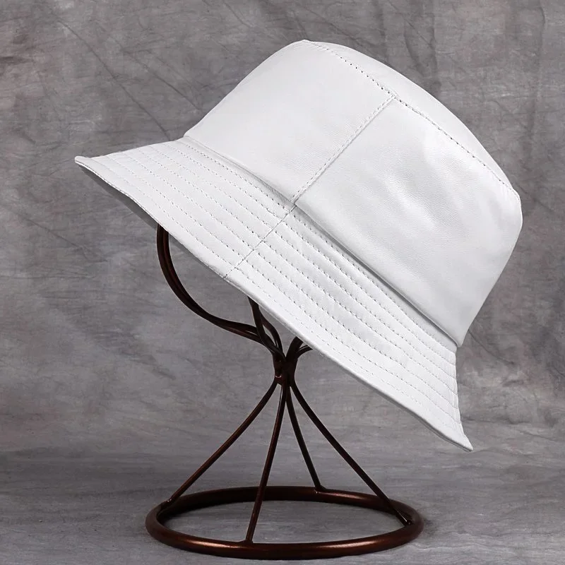 Spring/Winter Japanese Korean Unisex Genuine Leather Bucket Hats  White Fisherman Caps Easy Carry Street Bonnet Artistic Youth