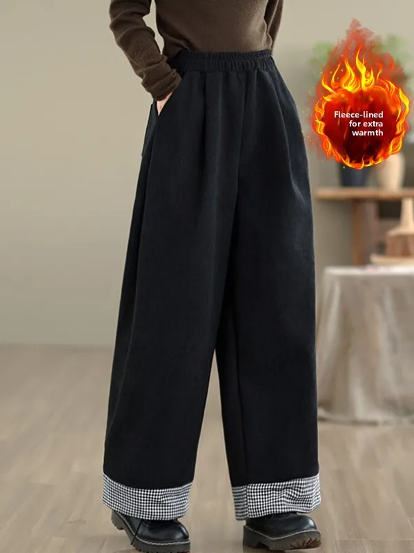 

Winter New Vintage Corduroy Wide Leg Pants plus Size Women's Fleece Lined Casual Straight Leg Trousers High Waist Composite F...