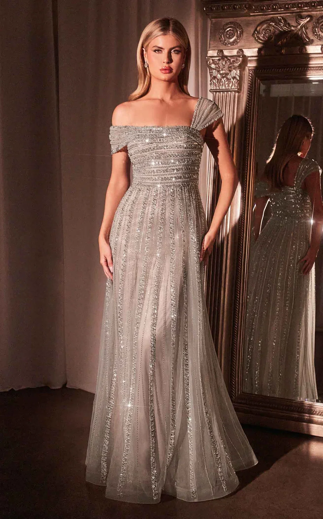 Charming Silver Sparkle Single Shoulder Evening Dress Off Shoulder Beaded Elegant A-line Ball Dress Fashion Party Dress Custom