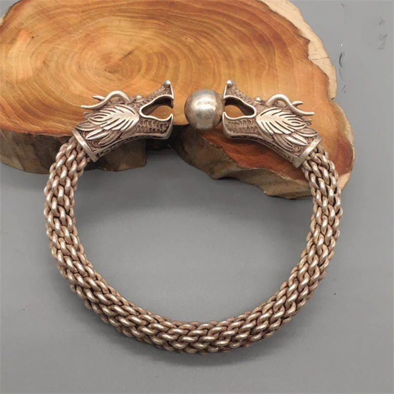 

Hot Selling Natural Hand-carved Ibetan Silver Dragon Head Fashion Jewelry Bracelet Accessories Men Women Luck Gifts