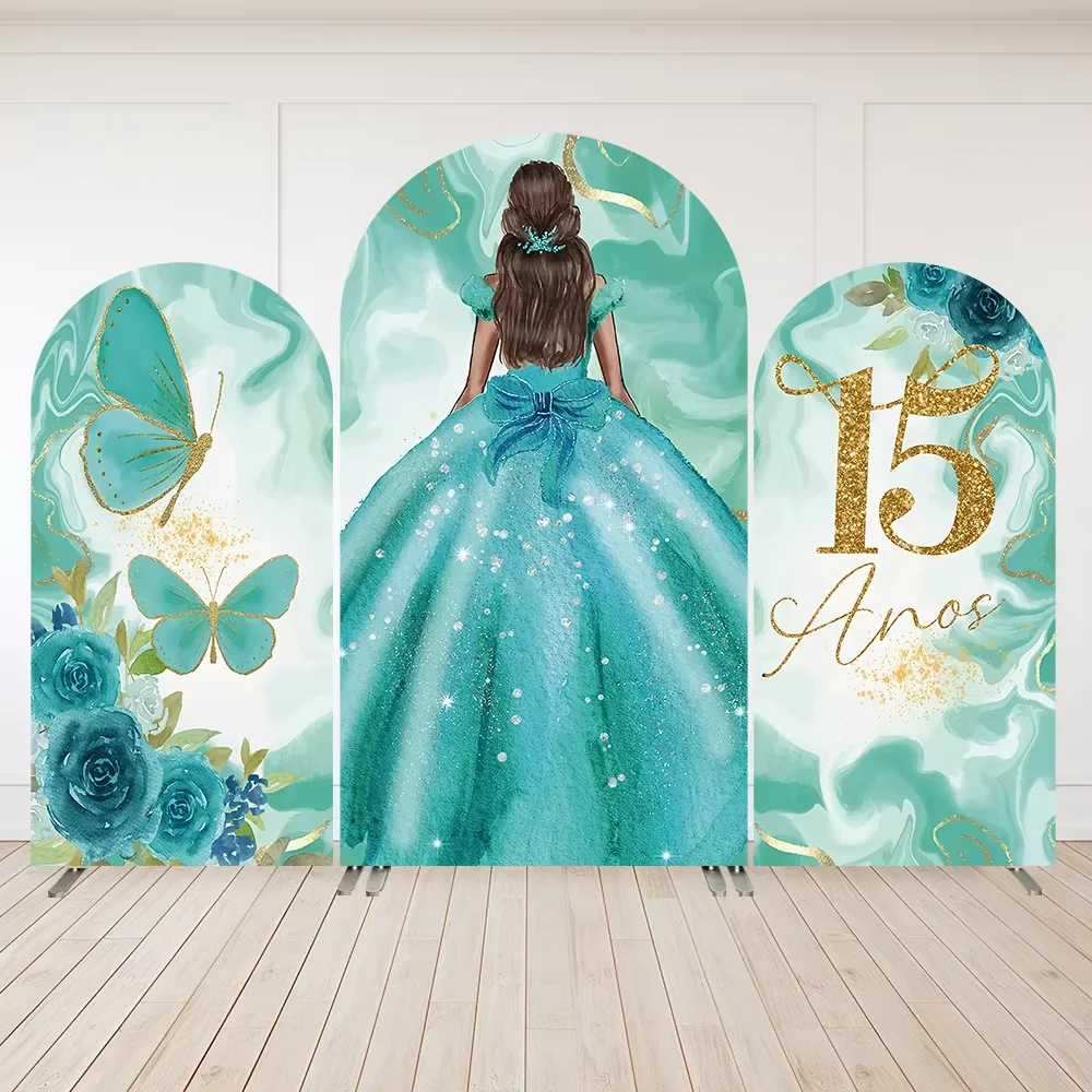 Mehofond Quinceanera Arch Backdrop Cover Green Flower Princess Girl 15th Birthday Dress Butterfly Party Decor 2-Sided Background