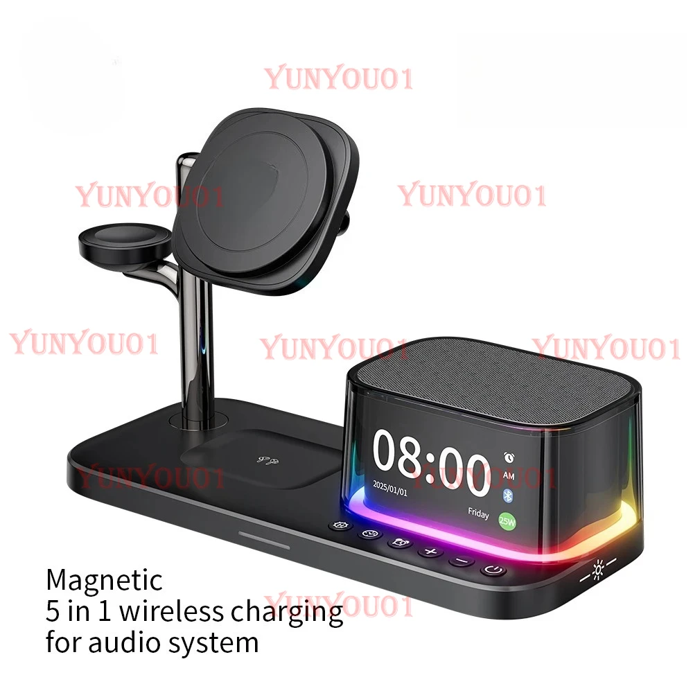

Qi2 25W 5 in 1 Magnetic Wireless Charger Stand with Speaker 25W Fast Charging for 17 16 15 Pro Max, Airpods,iwatch