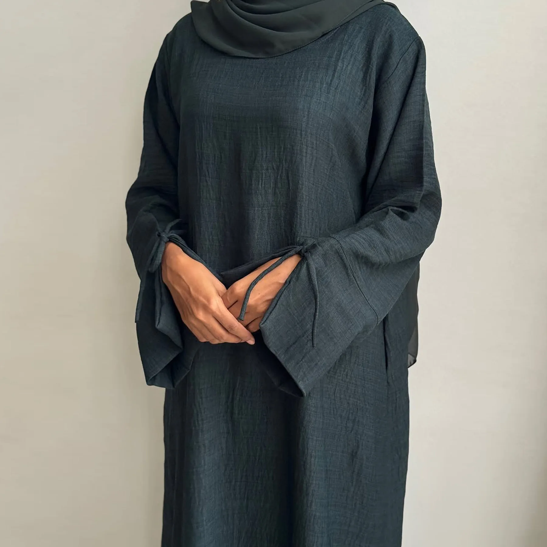 

Modest Closed Plain Long Sleeve Abaya Without Hijab With Belt Basic Islamic Eid Clothes Dress
