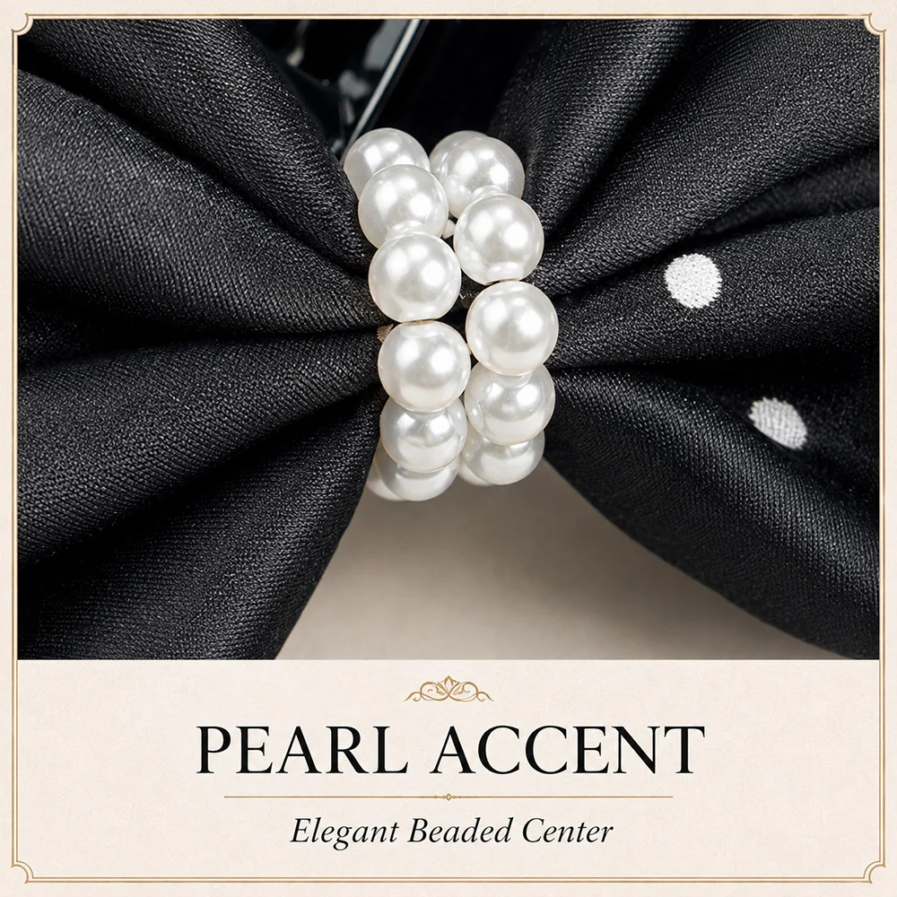 Women’s Large Black Satin Bow Hair Claw Clip Polka Dot Faux Pearl Elegant French Barrette Hair Accessory