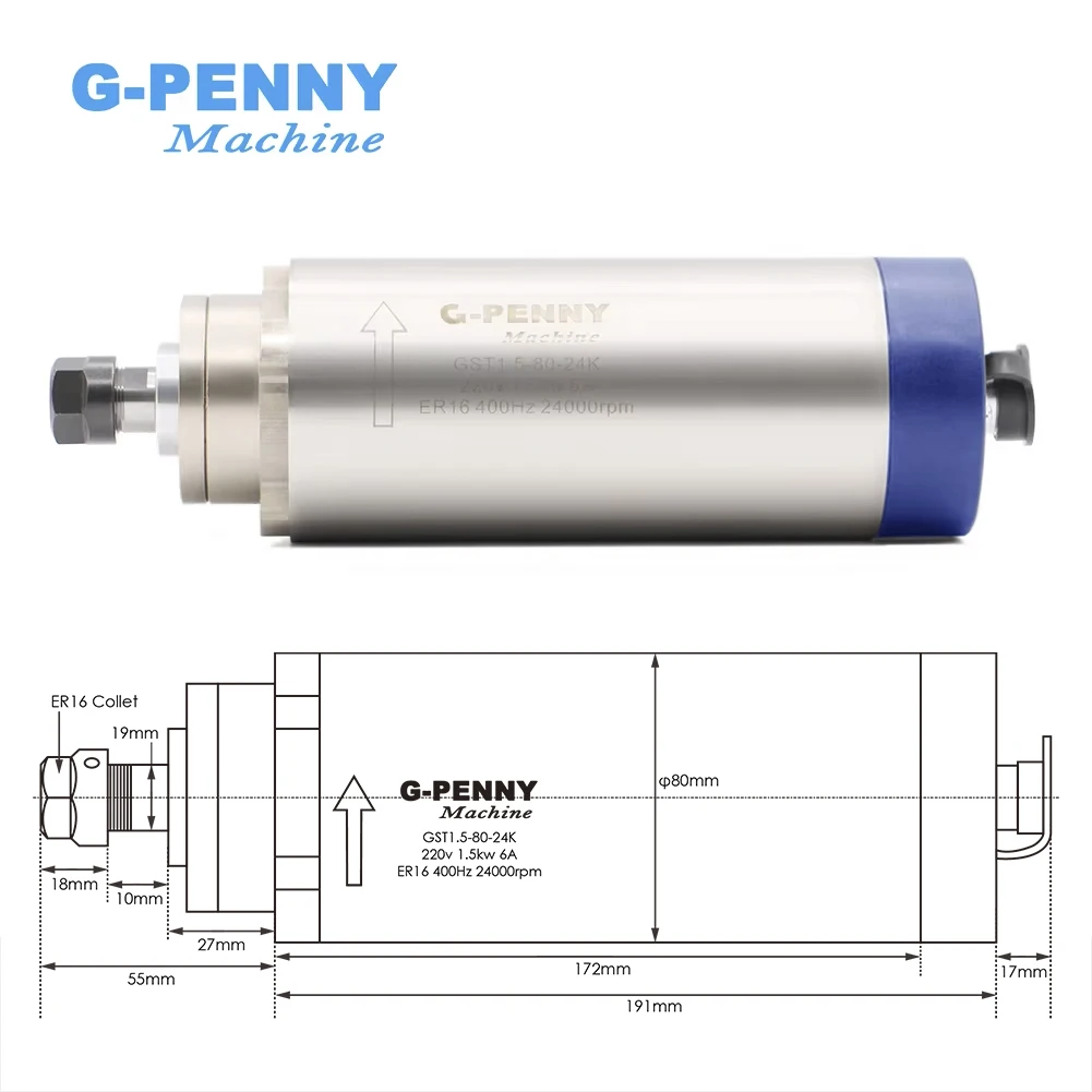 CNC milling spindle 1.5kw ER16 air cooled spindle 400Hz 0-24000rpm air cooling 4 bearings accuracy 0.01mm wood working spindle