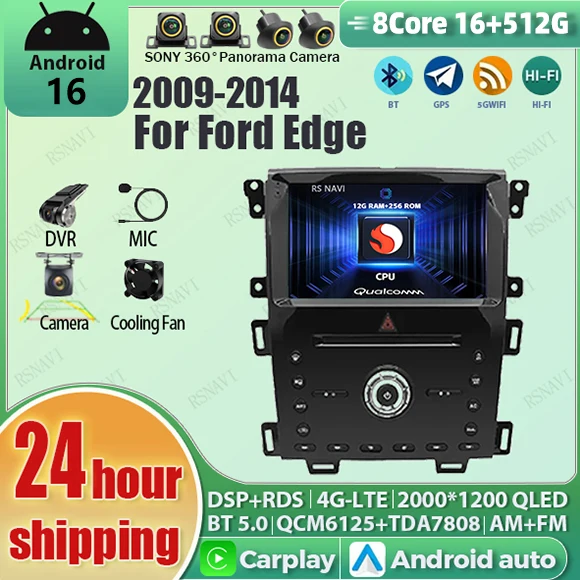 Android 16 Carplay Auto Qualcomm 2K QLED Bildschirm Autoradio für Ford Edge 2009 - 2014 GPS DSP Stereo BT WIFI 4G Multimedia