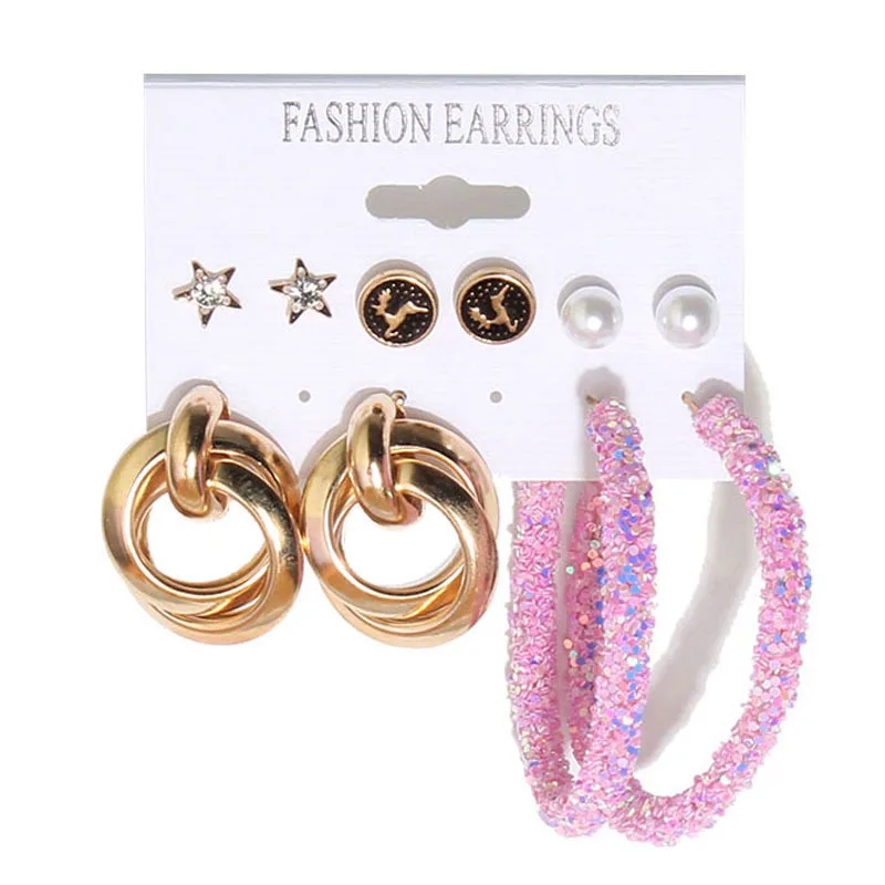 

Набор серег с блестками в стиле панк, 6 пар, женские модные ювелирные изделия, серьги-кольца в этническом стиле, новый тренд, аксессуар