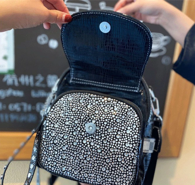 High Quality Female Fashion Artificial Leather Rhinestone Everyday Daypack Lady Travel Black Convertible Backpack Shoulder Bag