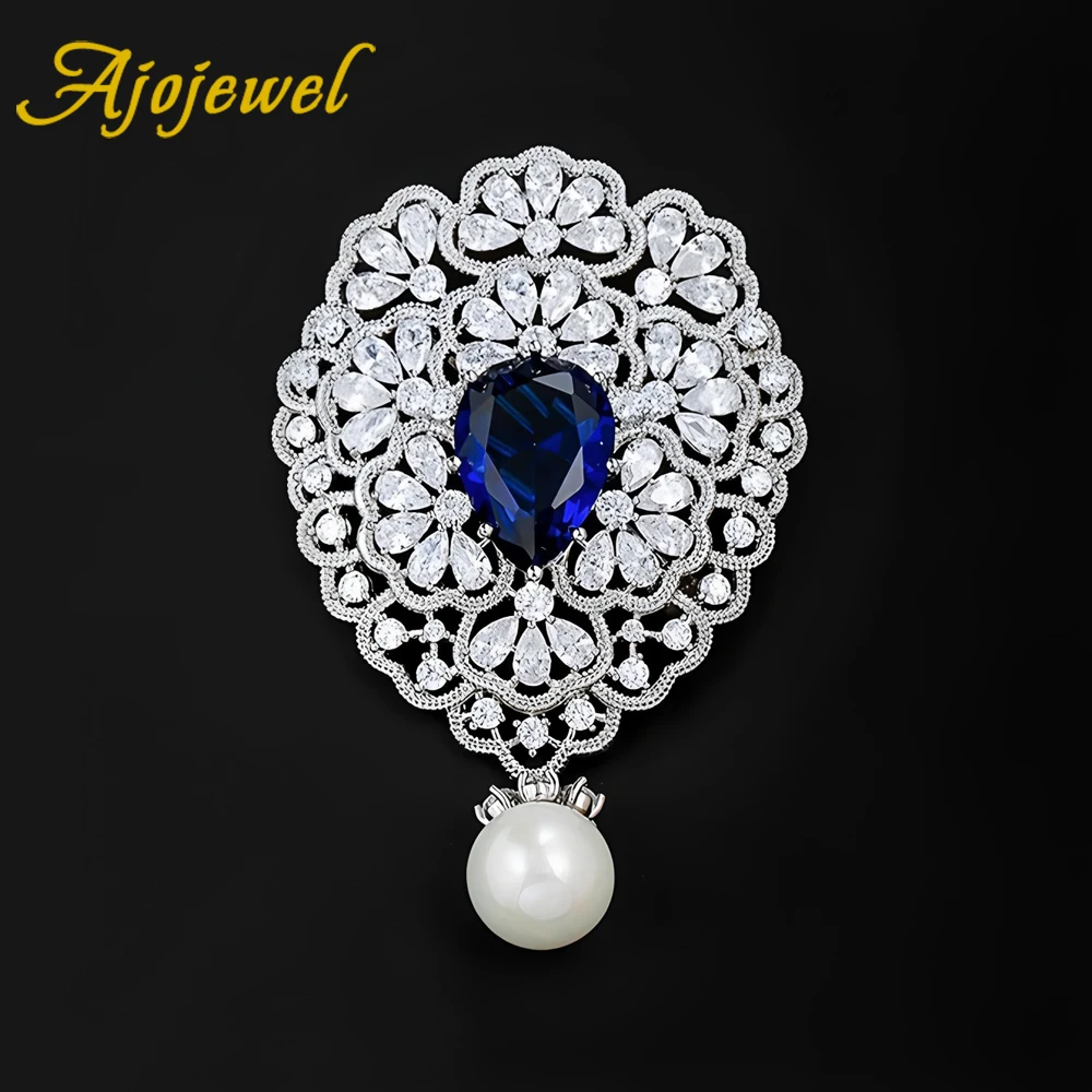 

Ajojewel White Rhinestone Flowers Gorgeous Brooch With Waterdrop Crystal Cloth Pin Pearl Jewelry Vintage Style Gifts For Women