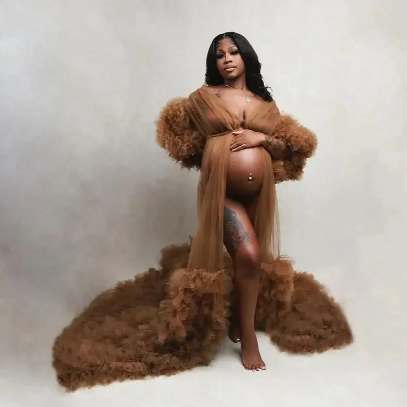 Vestidos de maternidade marrons para sessão de fotos, roupões para mulheres grávidas, vestidos de noite personalizados com babados de manga comprida