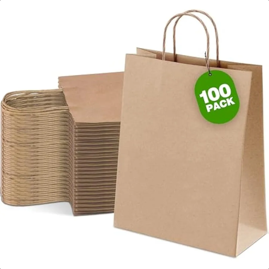 

Ginkgo 100 Pcs Paper Gift Bags with Handles Brown Paper Bags 8x4.25x10.25 Inch Medium Size Party Favor Kraft Bag Bulk