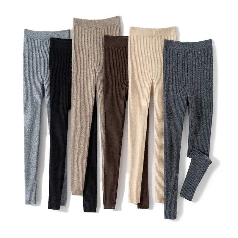 Women 100% Cashmere Legging elasticity Slim Pants Spring Autumn Winter Basic Leggings Soft Warm Cashmere Knitted Strip Trousers