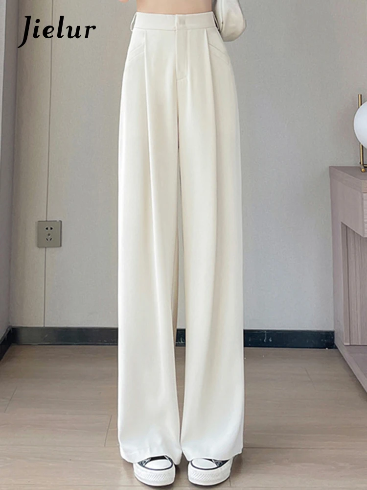 Jielur Solid Color Casual Female Suit Pants High Waist Straight Loose Women Wide Leg Pants Fashion Office Lady Black White Pants