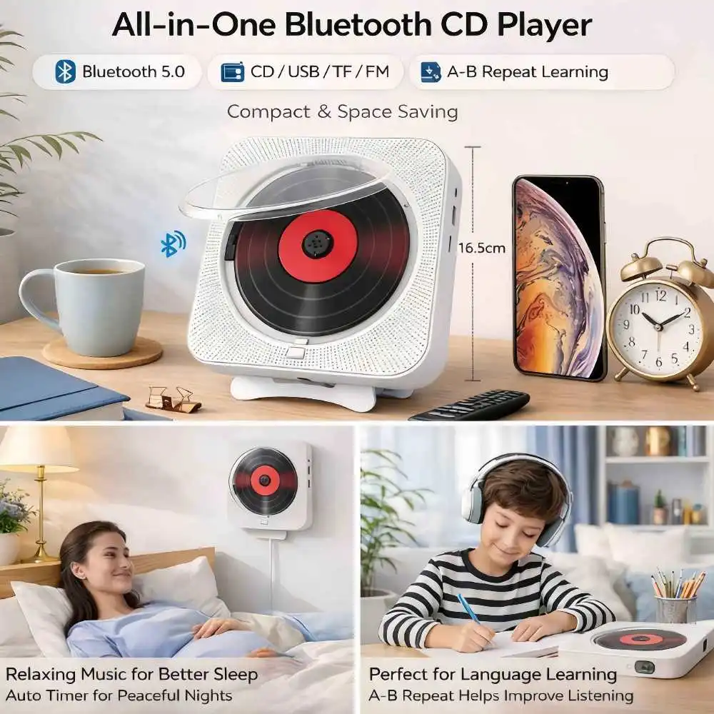 Tragbarer Bluetooth-CD-Player Wandmontage HiFi-Lautsprecher USB TF FM-Radio Fernbedienung A-B-Wiederholung Timer