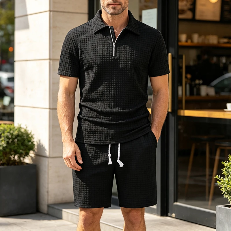 Men Waffle Knit 2 Piece Half Zip Polo Drawstring Shorts Summer Casual Daily Vacation Outdoor Walking Beach Tracksuit Outfit