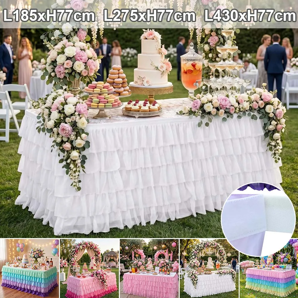 

5 Layer Table Skirt Gradient Ruffle Rainbow Chiffon Table Cover Reusable Elastic Pleated Gauze for Wedding Birthday Party Decor