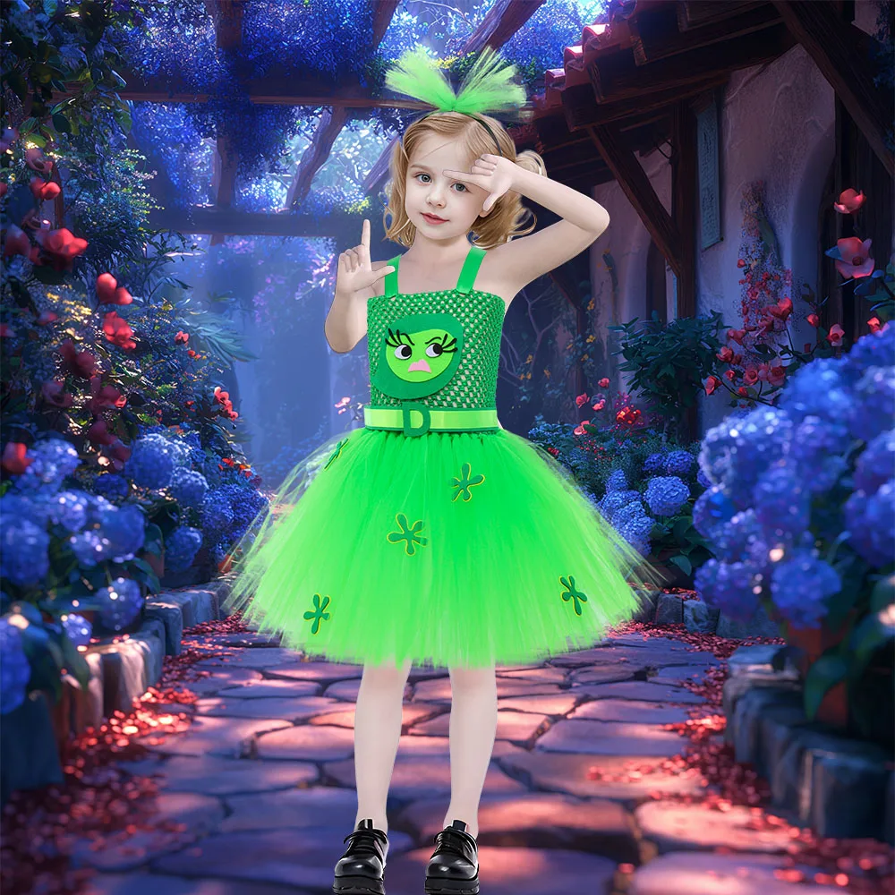 Girl Green Dress Disgust Fancy Dress Kids Emotion Costume Tutu Dress Inside Children Halloween Costume for Girl Birthday Outfit