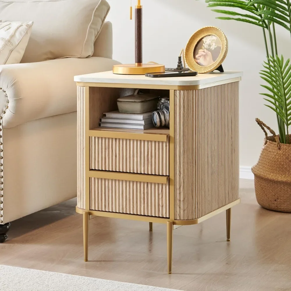 Modern Chic Fluted Nightstand Luxury with Charging Station, End Table/Bed Side Table w/2 Drawers, Faux Marble Tabletop