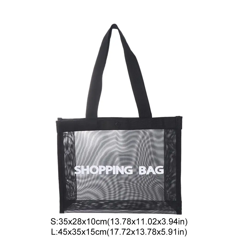 Saco de compras de malha de nylon preto para mulheres, grande capacidade, sacolas transparentes, ginásio, praia, viagens, bolsa de ombro única, novo