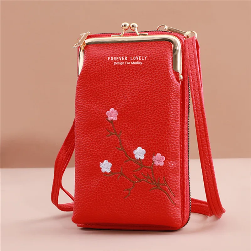 2024 Embroidery Mobile Phone Bags Women Fashion Shoulder Bag Female Mini Crossbody Messenger Bags PU Leather Clutch Wallet Pouch