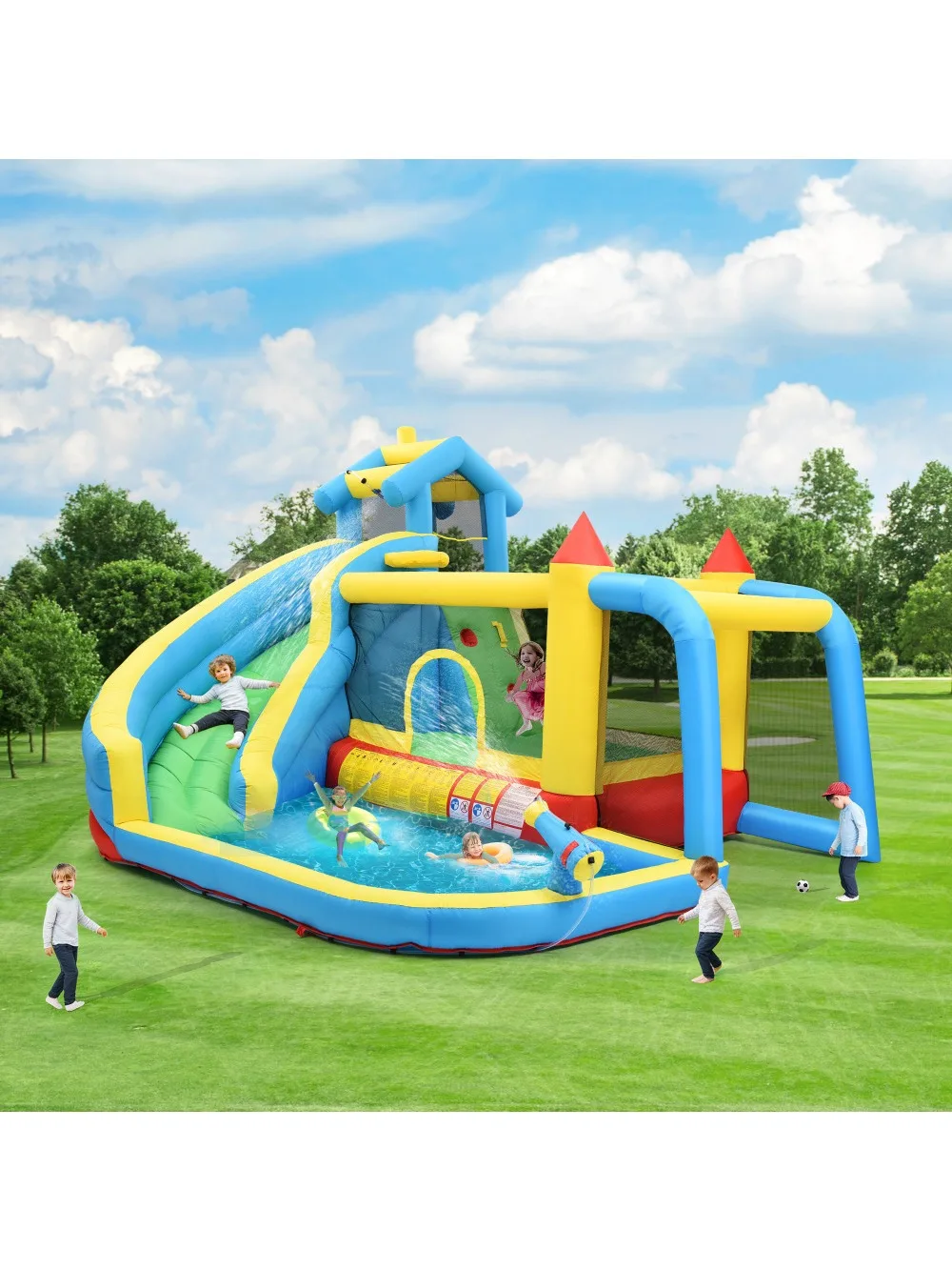 5-in-1 Opblaasbare springkasteel voor kinderen met glijbaan, waterbak, speelcentrum voor de achtertuin voor kinderen van 3-10 jaar - afbeelding 2