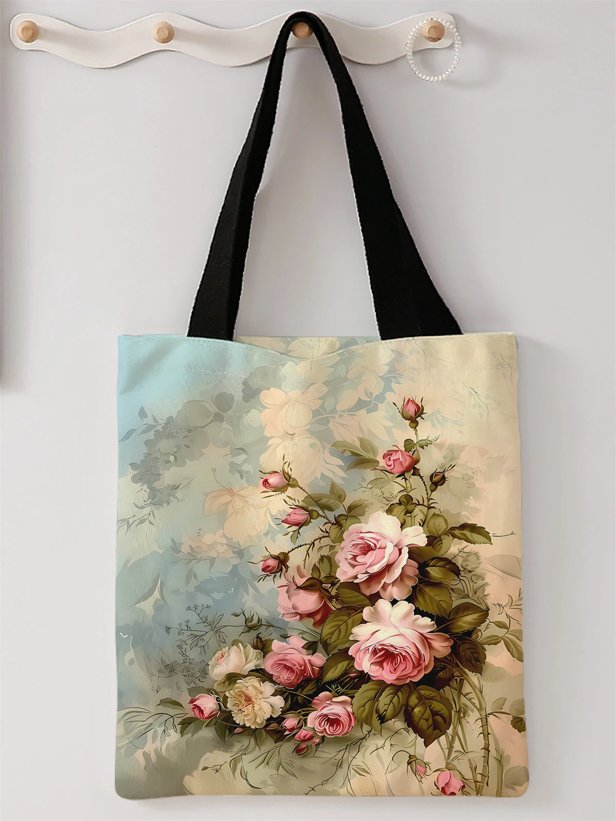 Lässige Handtasche mit Rosenmuster bedruckt, wiederverwendbarer modischer Rucksack, multifunktionale Handtasche, Einkaufstasche aus Segeltuch – Detail 1