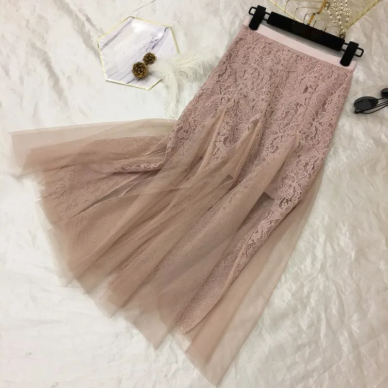 

2024 Autumn And Spring Arrival Lace European Style Refined Splicing Ladies Skirts Mermaid Faldas Largas Elegantes Free Shipping