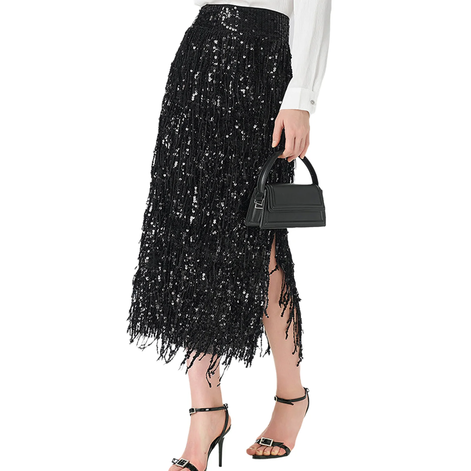 

Womens Glittery Fringed Midi Skirt Allover Sequin Tassel Side Slit Hem High Waist Bodycon Party Skirt for Club Cocktail Prom