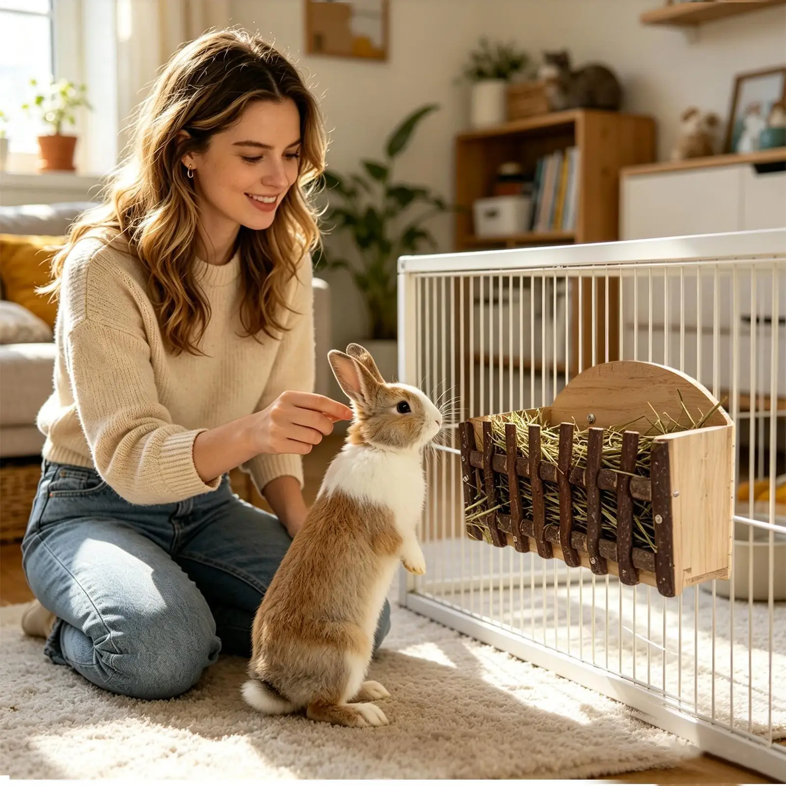 Bunny Hay Feeder Large Capacity Wooden Cage Mounted Food Manger Holder Chinchilla Hay Feeder For Hamster Chinchilla Ferret Small