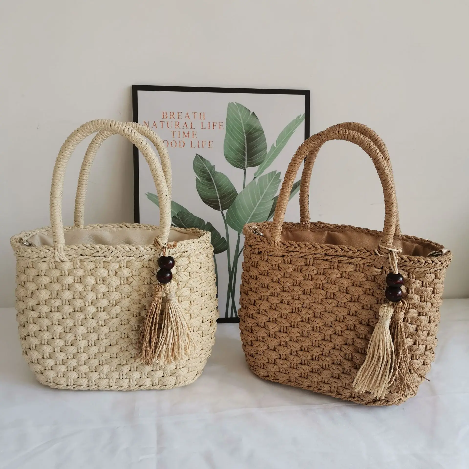 

2025 Summer Braided Paper Straw Tote Bag with Tassels, Detachable Crossbody Shoulder Bag for Women Beach Vacation