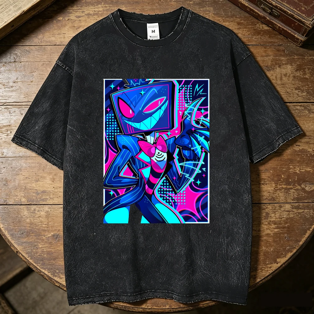 Hazbin Hotel Vintage Washed cotton shirt men harajuku  anime Vintage Comfortable t-shirt streetwear kawaii 2000s University 80s