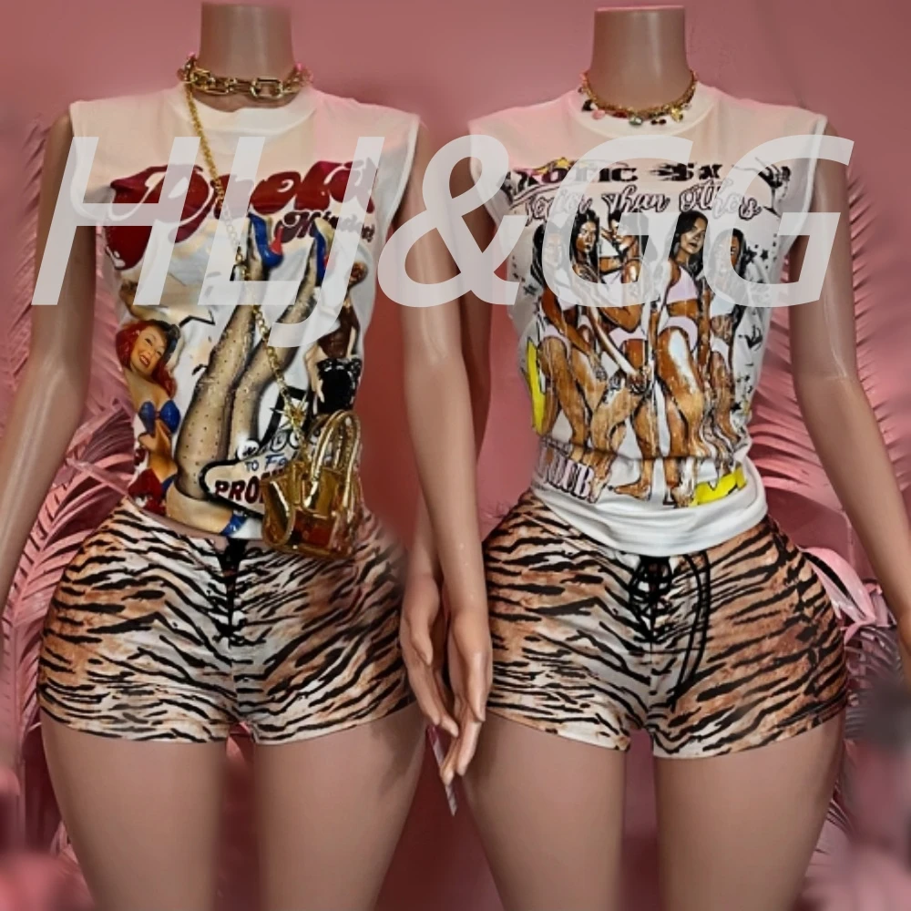 

HLJ&GG Y2K Fashion Pattern Printing Two Piece Sets Women Round Neck Sleeveless Slim Top And Bandage Leopard Shorts Outfits 2025