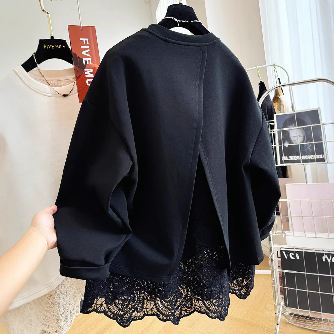 Immagine 5: 2025 Set da due pezzi con giunture in pizzo, maglione girocollo con testa, top primaverile e autunnale da donna